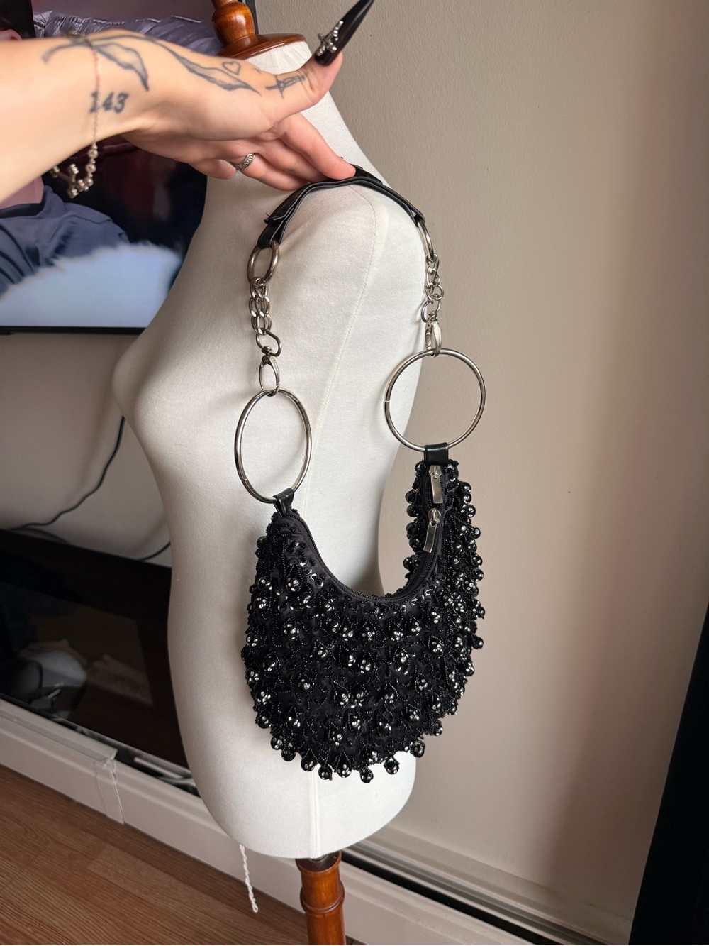 Black Beaded Statement Shoulder Bag